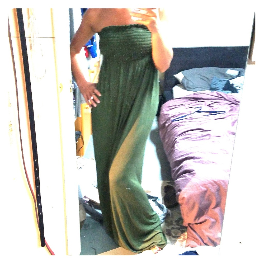 OLIVE GREEN SHIRRED BANDEAU MAXI DRESS